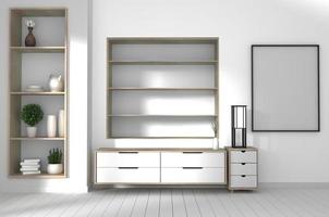 skåp på vitt trägolv och vit vägg, minimalistisk och zeninteriör i vardagsrummet i japansk stil.3D-rendering