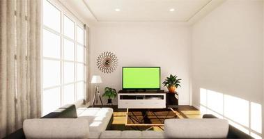 smart tv-mockup med tom svart skärm hängande på skåpets inredning, modernt vardagsrum i zen-stil. 3d-rendering foto