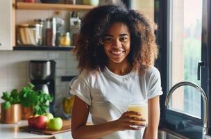 kvinna innehav en glas av orange juice foto