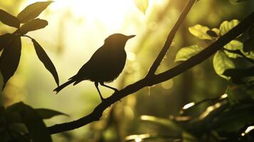 de svag silhuett av en fågel uppflugen på en gren blötläggning upp de Sol i de mitt ibland av de regnskog foto