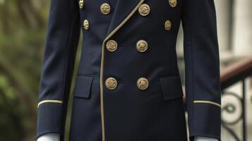 en fördubblats blazer med guld lejon knapp detailing kanalisering de kunglig stil av en militär officer. perfekt för en formell händelse på en stor egendom foto