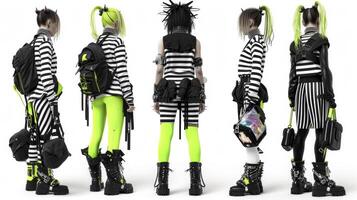 blandning i några element av punk- mode detta cybergoth ensemble funktioner en svart och vit randig topp neon grön damasker och tjock bekämpa stövlar. en holografiska backpac foto