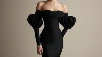 en klassisk liten svart klänning med en vrida terar ett utanför axeln urringning böljande ärmar och en sjöjungfru fållkant perfekt för en kunglig kväll affär foto