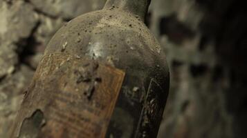 en flaska med ett åldring vin märka är sett i de källare täckt i en tunn lager av damm. de märka har lite urblekt över tid ger de flaska en årgång och nostalgisk känna foto