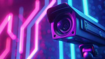 en närbild av en elegant svart säkerhet kamera med en stor zoom lins bifogad redo till fånga även de minsta detaljer foto