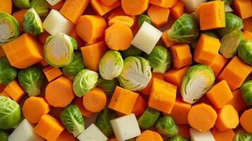 en färgrik array av falla grönsaker Inklusive morötter bryssel groddar och smörnöt squash tärnad och kryddat för en tacksägelse sida maträtt foto