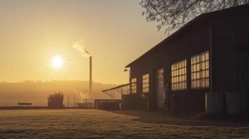 en små fabrik byggnad dess mörk exteriör kontrasterande mot de värma nyanser av de Sol som den uppsättningar Bakom den foto