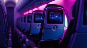 en närbild av en slående ad för en ny internationell flygbolag highlighting deras Toppen av linan inflight underhållning systemet och bekväm sittplatser alternativ foto