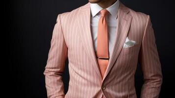 minimalistisk se av en skräddarsydd persika ludd blazer med en persika ludd och vit randig slips, perfekt kompletterar en enkel vit på upp skjorta. foto