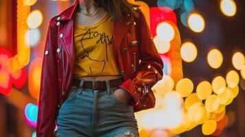 en retroinspirerad se terar en beskurna moto jacka i en djärv, påstående Färg tycka om röd eller gul, styled med en årgång grafisk tee, hög midja blossa jeans, och plattform stövlar. foto