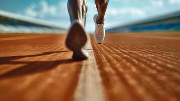en närbild av en sprinters kraftfull ben muskler definierat och redo till driva fram dem framåt- på blixt- hastighet foto