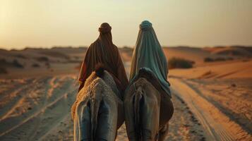 två siffror stå på antingen sida av en kamel ryggar vänd de kamera som de leda de djur- genom de sandig terräng mot . foto