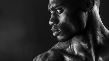 en ensam figur är täckt i skuggor i detta svartvit porträtt hans genomträngande blick och definierat muskler förkroppsligande de rå styrka och elasticitet av svart individer. foto