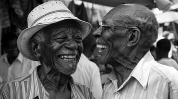 i de mitt ibland av en livliga utomhus- marknadsföra två äldre män dela med sig en ögonblick av ren glädje som de spricka skämt och lekfullt reta varje Övrig. deras sorglös och ofiltrerad skratt ringar foto