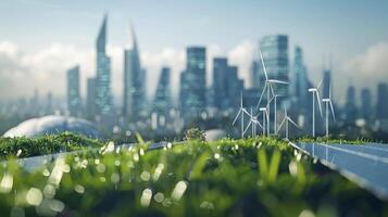 ett bild av en rena modern stad horisont med vind turbiner och sol- paneler visat upp highlighting de hållbar och progressiv framsteg av biobränsle teknologi över de tung foto