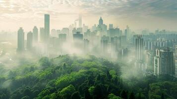 en bild av en förorenad stad horisont kontrasterad med en rena och grön stadsbild. de påverkan av regering föreskrifter på luft och vatten kvalitet är uppenbar. foto