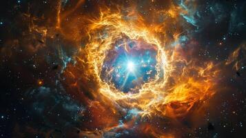 en närbild av en supern de explosion av en döende stjärna. de intensiv brista av ljus och energi skapar en bländande visa med virvlar av gas och damm varelse kastas ut in i Plats i foto