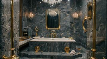 de rik badrum funktioner en djup marmor badkar omgiven förbi invecklad guld fixturer och en kristall kristallkrona hängande ovan. de väggar är fodrad med grå onyx plattor skapande foto