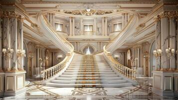 de stor foyer är Utsmyckad med en sotning marmor trappa de mittpunkten av de rum. de balustrader är Utsmyckad med utveckla medaljonger och de trampbanor är fodrad med invecklad foto
