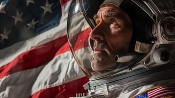 en slående porträtt av ett astronaut gazing ut in i de distans ett omisskännlig känsla av patriotism och stolthet uppenbar i deras beslutsam hållning och de flagga av deras Land insvept foto