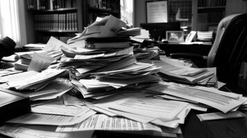 på de slutet av en lång dag en advokater skrivbord är täckt i en kaotisk röra av papper reflekterande de intensiv och snabb natur av deras jobb som de navigera genom olika Rättslig dokument foto
