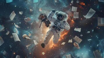 mot en bakgrund av stjärnor och galaxer ett astronaut flyter i i luften omgiven förbi en kastby av papper och tidskrifter. med en självsäker leende de håll en ficklampa i ett hand och foto