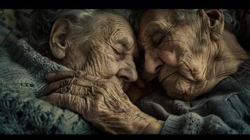 ett äldre par sover sida förbi sida deras händer sammanflätade och deras ansikten fredlig. rynkor och ålder rader är mjuknat i deras sömn som de hitta tröst och bekvämlighet i varje andra foto