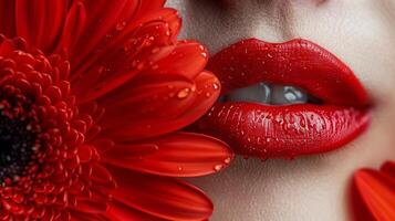 de vibrerande röd av en personer mun liknade de ljus nyans av en blomma i blomma highlighting de livlig och harmonisk relation mellan mänsklig och naturer skurar av Färg. foto