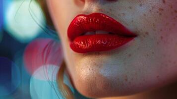 en nyligen applicerad lager av ljus röd läppstift på en kvinnors mun spegling de vibrerande energi av de stad runt om henne. foto