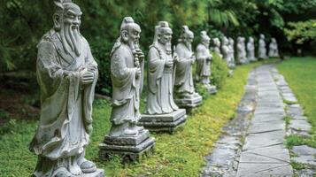 en linje av sten statyer skildrar olika traditionell kinesisk örtläkare p längs en helig väg i en lugn trädgård foto