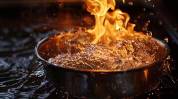 en gas flamma vrålar till liv föra vatten till en koka upp i en materia av minuter foto