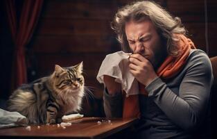 sjuk man blåser hans näsa med katt tittar på i en trä- stuga foto