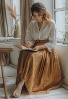 kvinna skrivning i anteckningsbok förbi fönster med brun kjol och vit skjorta foto