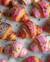 nyligen bakad croissanter med rosa glasyr och strössel på marmor bänkskivan foto