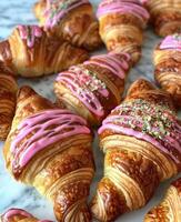 nyligen bakad croissanter med rosa glasyr och strössel på marmor bänkskivan foto