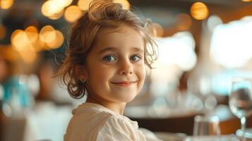 ung flicka leende i en restaurang miljö foto
