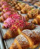 nyligen bakad croissanter med rosa glasyr och strössel på marmor bänkskivan foto