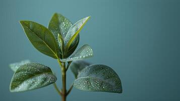 närbild av grön växt löv med vatten droppar på kricka bakgrund foto
