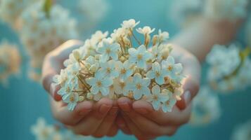 stänga upp av händer innehav vit blommor mot en blå bakgrund foto