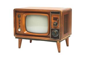årgång trä- tv från de 1950 isolerat på en vit bakgrund, idealisk för retro tema design och värld tv dag begrepp foto
