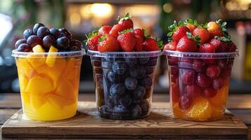 tre koppar fylld med annorlunda typer av frukt foto