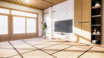 tv-skåp och hylla väggdesign zen interiör av vardagsrum japansk style.3d-rendering
