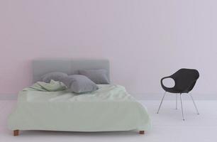 sovrumsinredning med svart stol och grön säng, vitt golv på rosa väggbakgrund. 3d-rendering foto