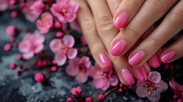 kvinnors händer med rosa nagel putsa och rosa blommor foto