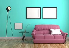 grön mintvägg med soffa skänk på trägolv interiör. 3d-rendering foto