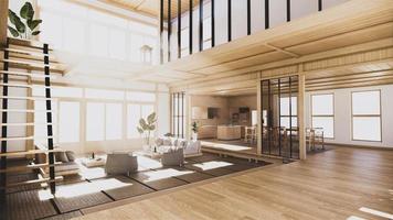 Interiör i japansk stil på första våningen i ett tvåvåningshus. 3d-rendering foto