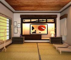 vardagsrumsinredning, japansk stil. 3d-rendering foto