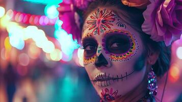 mexikansk kvinna med dag av de död- skalle smink. lady med dia de los muertos ansikte måla. begrepp av mexikansk kultur, Semester firande, traditionell festival, halloween. kopia Plats foto