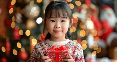 asiatisk flicka i traditionell röd klädsel innehav en gåva i en festlig miljö. begrepp av firande, kulturell tradition, Semester glädje, familj sammankomst, jul, ny år foto
