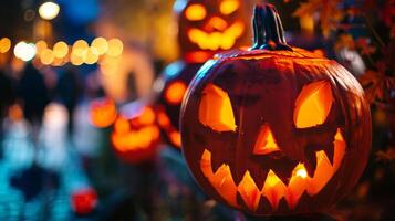 läskigt halloween pumpa med lysande ansikte på en natt gata. festlig Semester dekor. begrepp av halloween, Skräck, firande, kusligt atmosfär foto